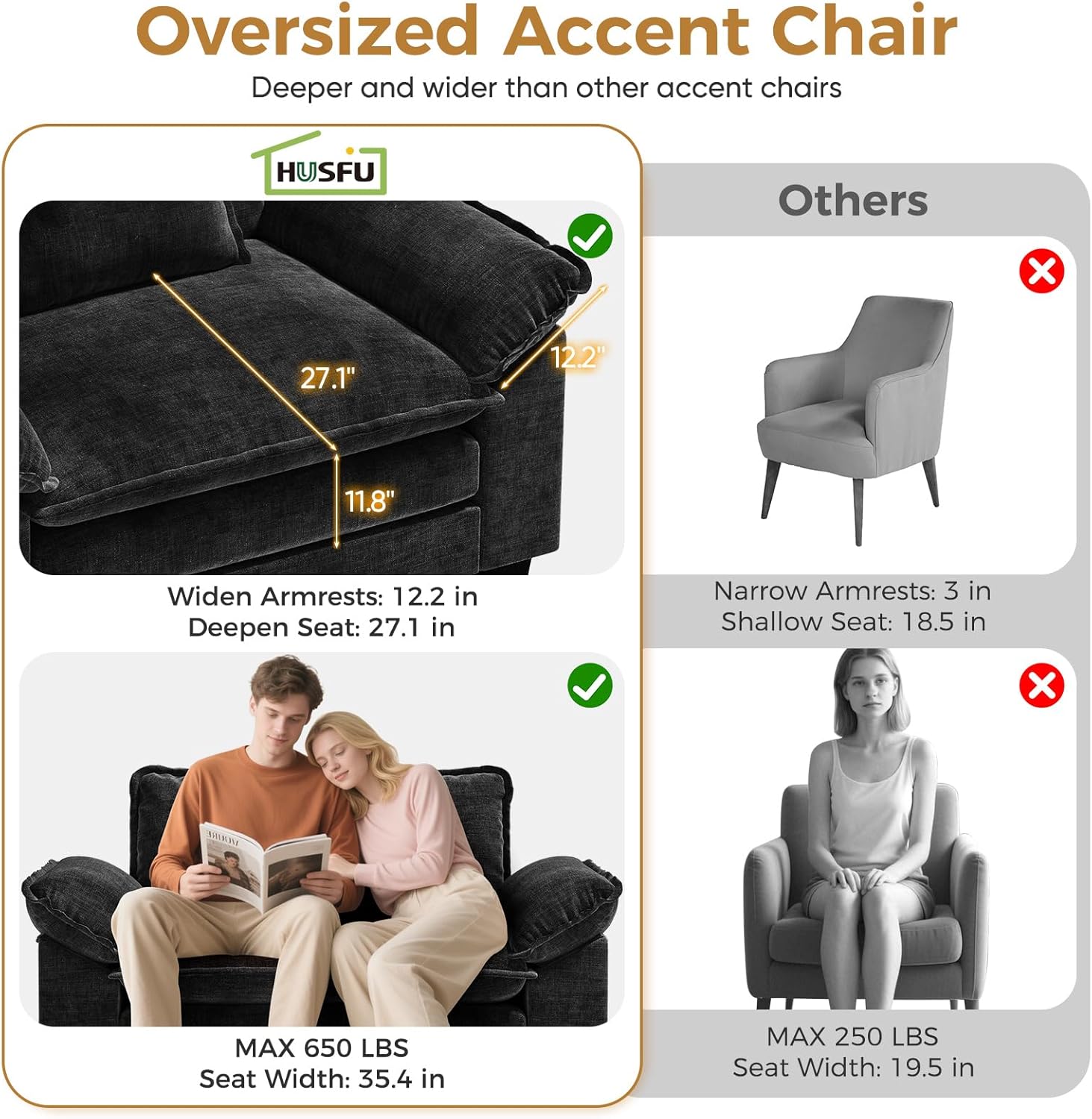 HUSFU Oversized Accent Chair, Chenille Cloud Sofa Chair with Deep Seat and Extra Wide Armrests, Comfy Reading Armchair for Living Room, Bedroom, Black, Set of 2