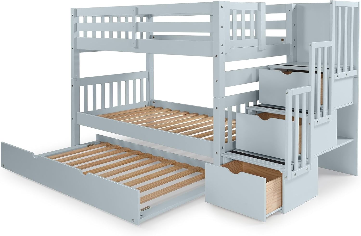 Bedz King Stairway Bunk Beds Twin Over Twin, 3 Step Drawers and a Twin Trundle, Breezy Blue