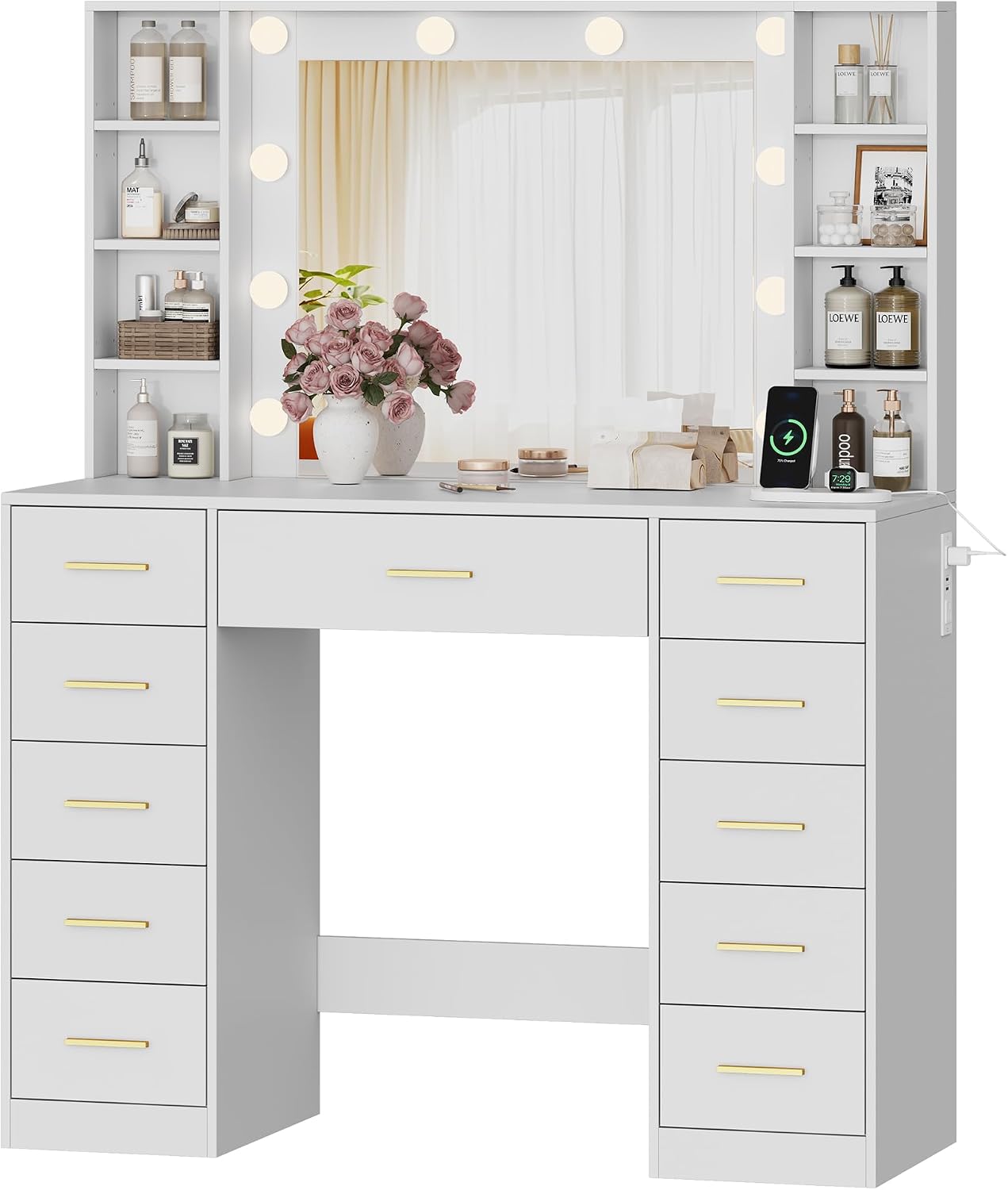 Wodeer Makeup Vanity with Drawers, 43' White Vanity Desk with Mirror and Lights, 11 Drawers & 4 Shelves, Power Outlet & Adjustable LED Lights, Dressing Table for Women & Girls Bedroom