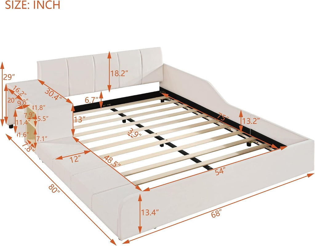 Full Size Upholstered Grounded Bed,Mother & Child Bed with Bedside Desk and Little Round Stool,for Kids Boys Girls Bedroom Use (Beige@Desk/, Full)
