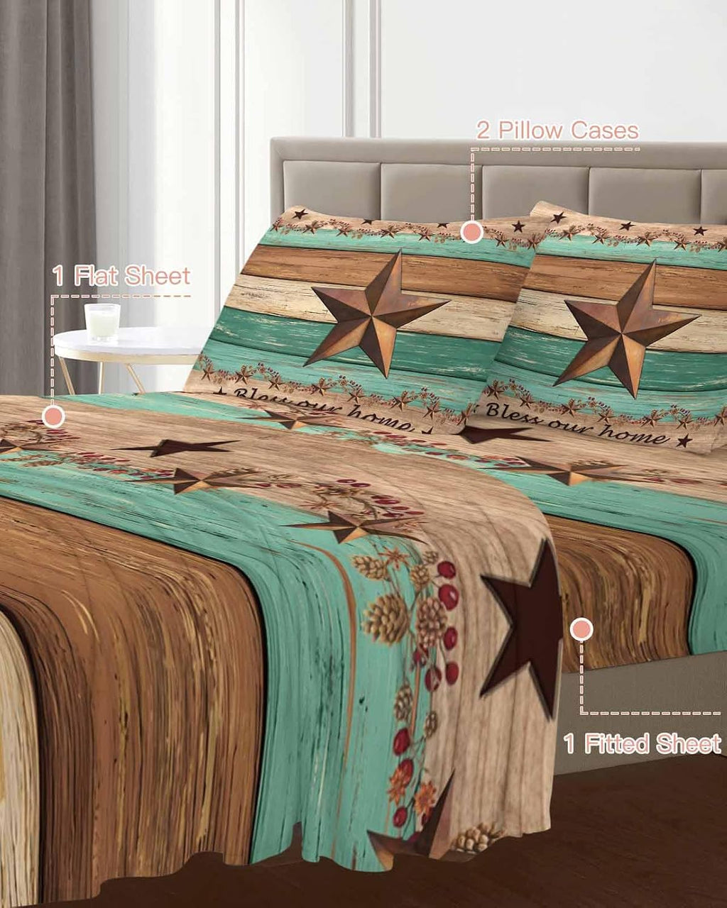 Western Texas Star Retro Cal King Sheet Set 4 Piece Bedding - Vintage Farmhouse Brown Teal Wooden Breathable Comfy Cooling Bed Sheets & Pillowcase Sets, Hotel Flat Sheets Deep Pockets Fitted Sheet