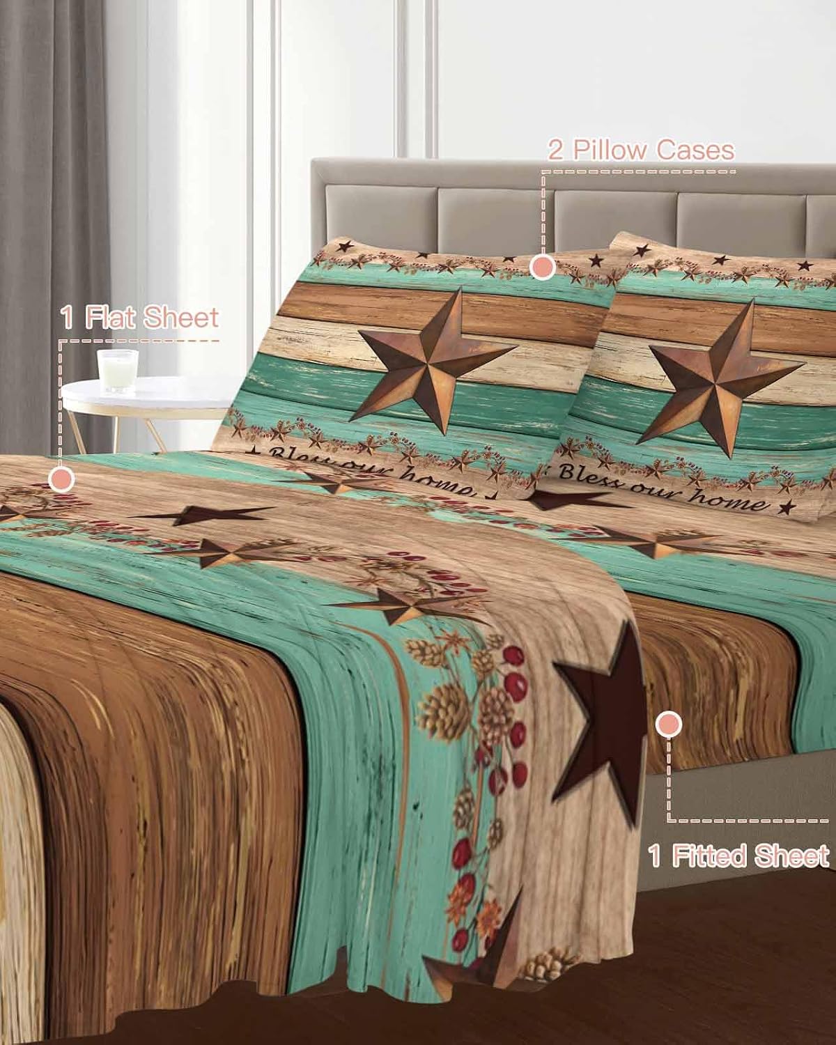 Western Texas Star Retro Cal King Sheet Set 4 Piece Bedding - Vintage Farmhouse Brown Teal Wooden Breathable Comfy Cooling Bed Sheets & Pillowcase Sets, Hotel Flat Sheets Deep Pockets Fitted Sheet