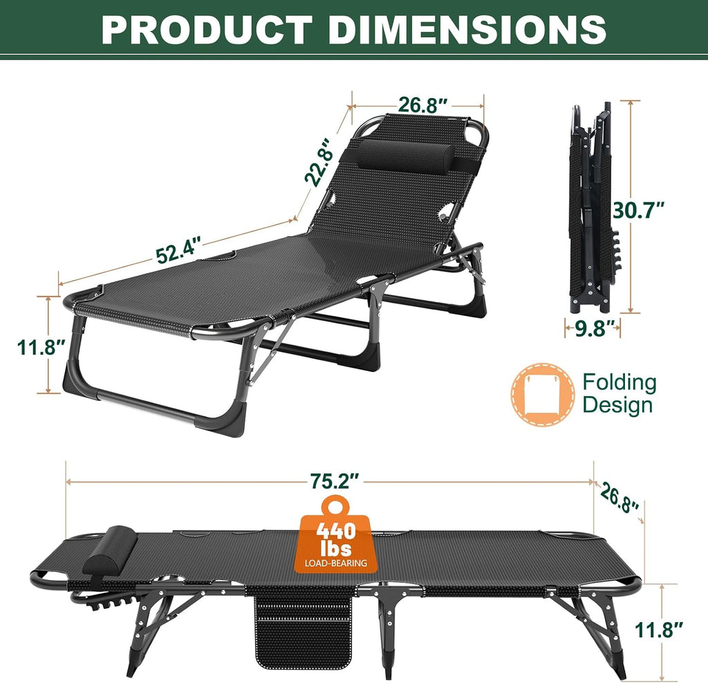 LILYPELLE Folding Outside Chaise Lounge Chair with Mattress, 5 Position Adjustable Patio Folding Lounge Chair Reclining Chairs Perfect for Sunbathing, Camping, Pool, Beach, Patio