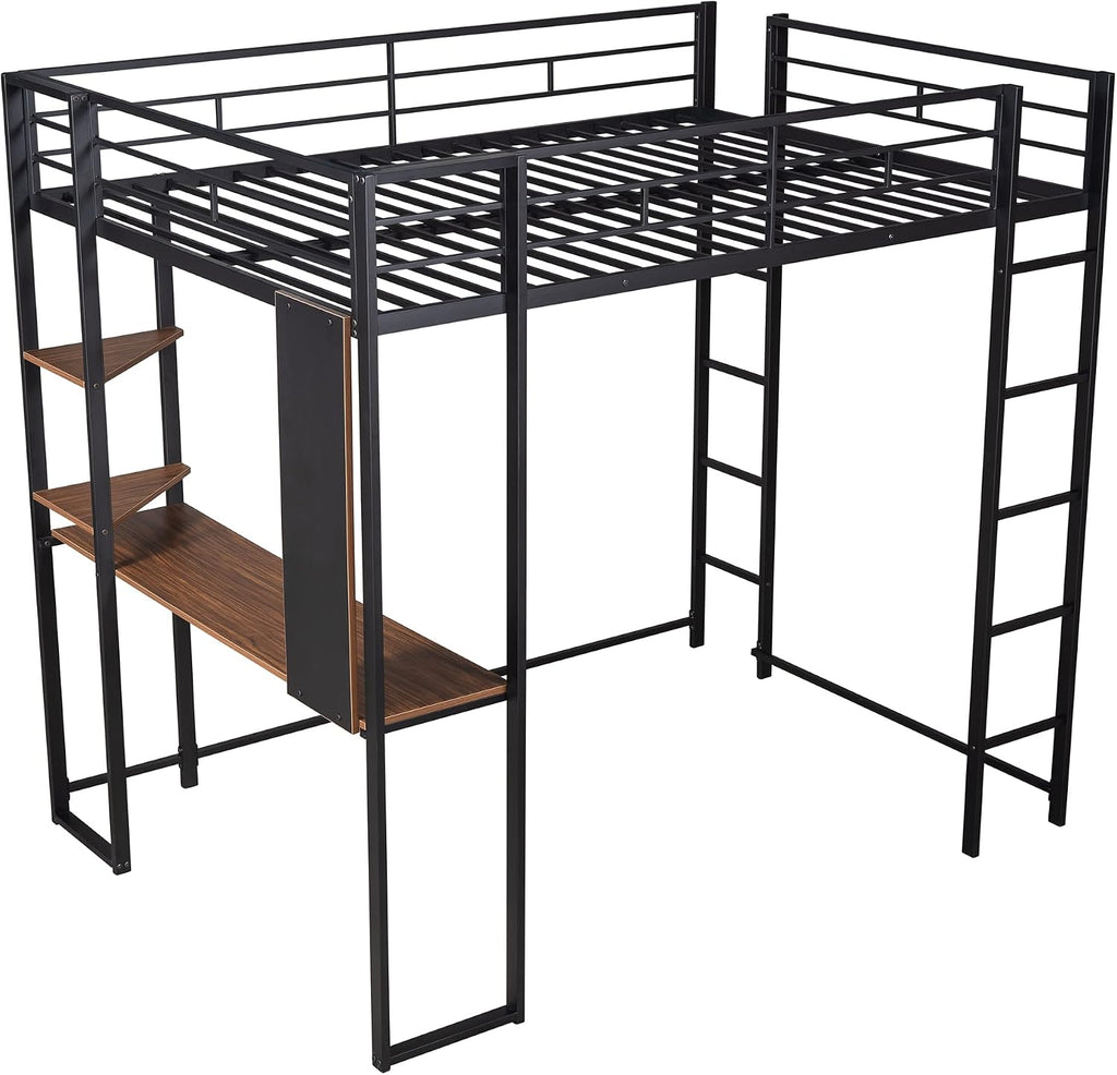 Full Size Loft Bed with 2 Shelves and Desk, Metal Structure Bed Frame with Build-in Ladders and Safety Guardrail for Dorm, Bedroom, Guest Room, No Box Spring Needed (Black-02, Full)