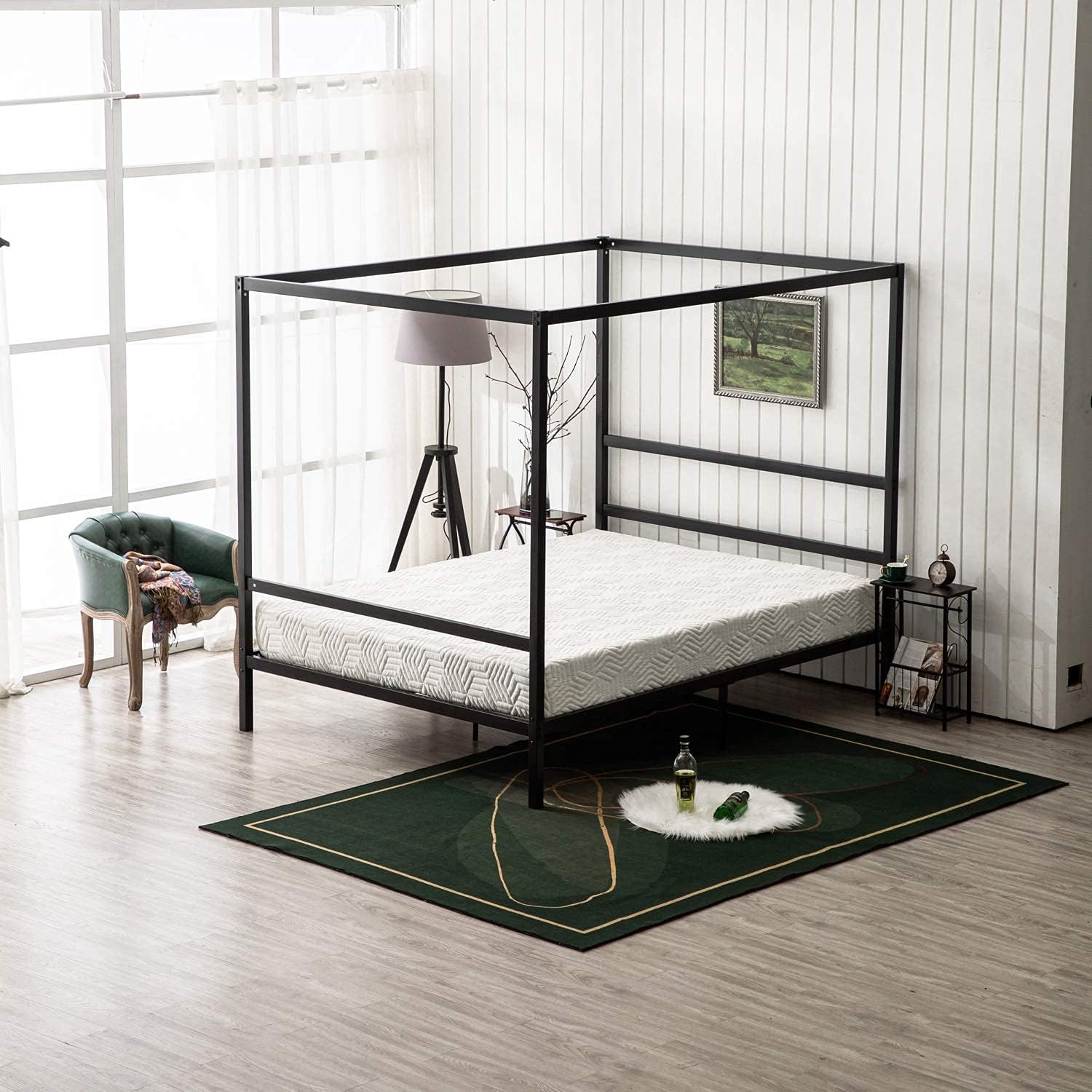Bonnlo Black Canopy Bed Frame Full with Headboard, 10 Inch Metal Platform Bed Full with 4 Posters, No Box Spring Needed