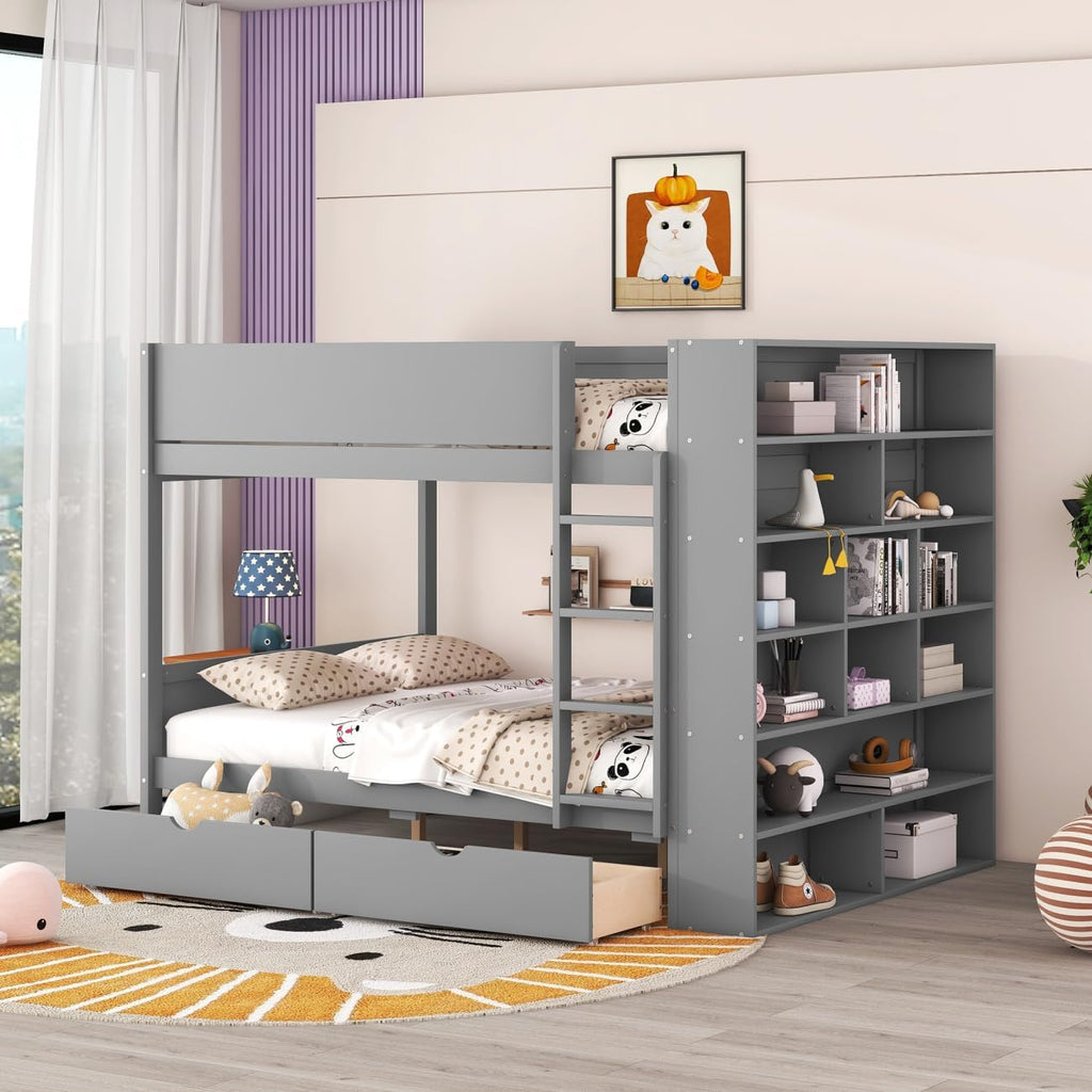 Full Over Full Bunk Bed with Bookcase and Drawers,Wooden All-in-one Furniture Set with Multi-Layer Cabinet for Kids Girls Boys-Gray