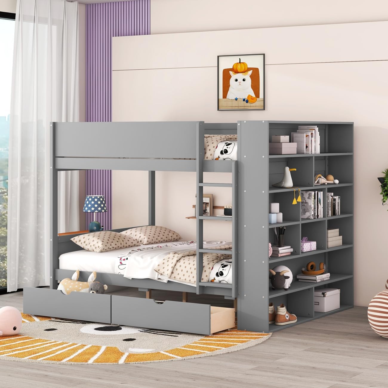 Full Over Full Bunk Bed with Bookcase and Drawers,Wooden All-in-one Furniture Set with Multi-Layer Cabinet for Kids Girls Boys-Gray