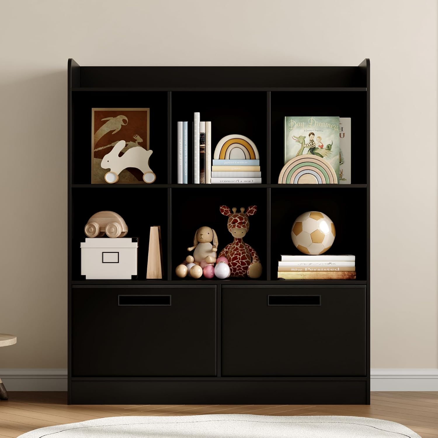 Housoul 8 Cube Kids Bookshelf with Fabric Drawers, 3-Tier Wooden Open Shelf Bookcase, Freestanding Book Shelves, Kids Bookcase Cubby Storage Organizer for Bedroom, Living Room, Office, Black