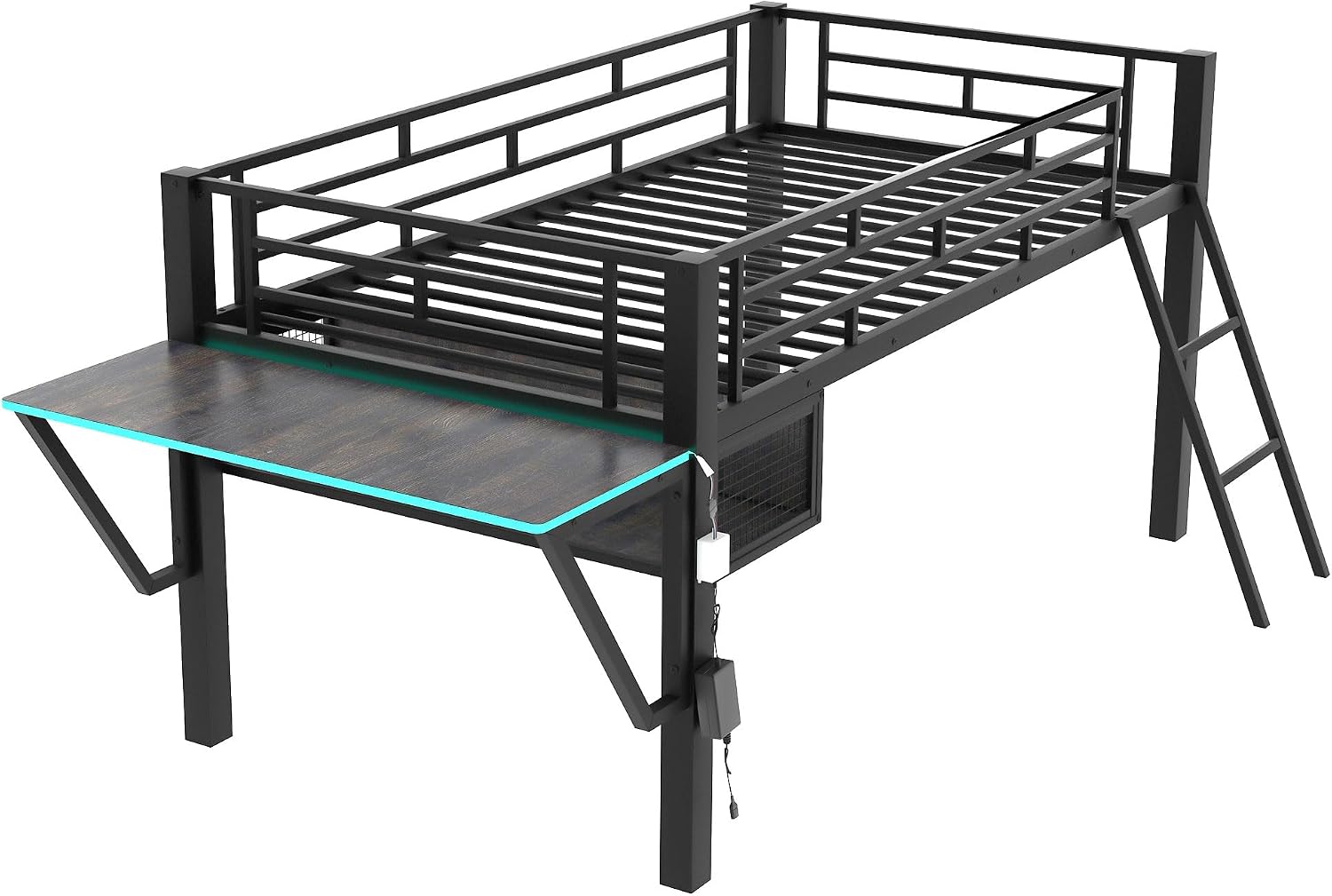 Twin Size Mid Metal Loft Gaming Bed with Desk and LED Lights, Modern Steel Loft Bed Frame with Inclined Ladder and Safety Guardrail for Kids Teens Girls Boys, No Box Spring Needed (Black-08, Twin)