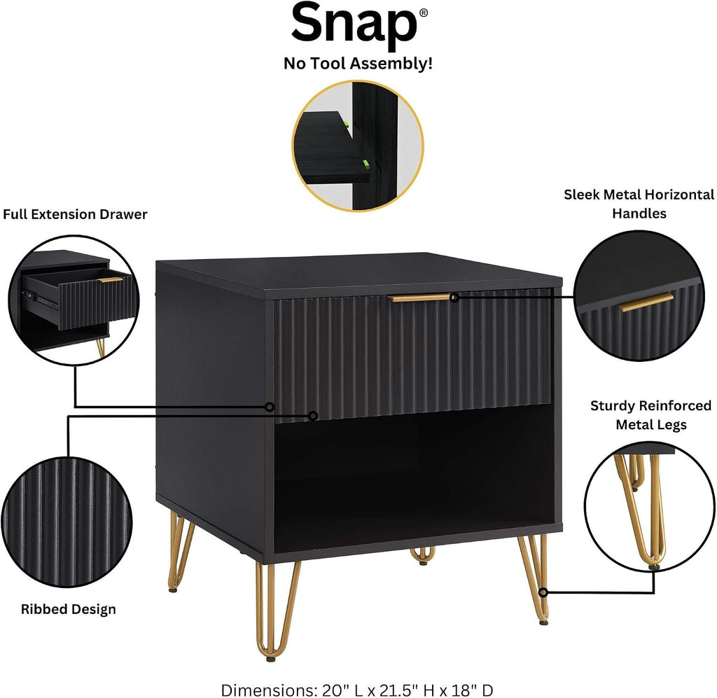 Manhattan Comfort Dumbo 2 Piece Modern Set, 3 Drawer Dresser & 1 Drawer Nightstand with Fluted Ribbed Front, Gold Metal Legs, No Tool Assembly, Storage Cabinet for Bedroom or Living Room in Black