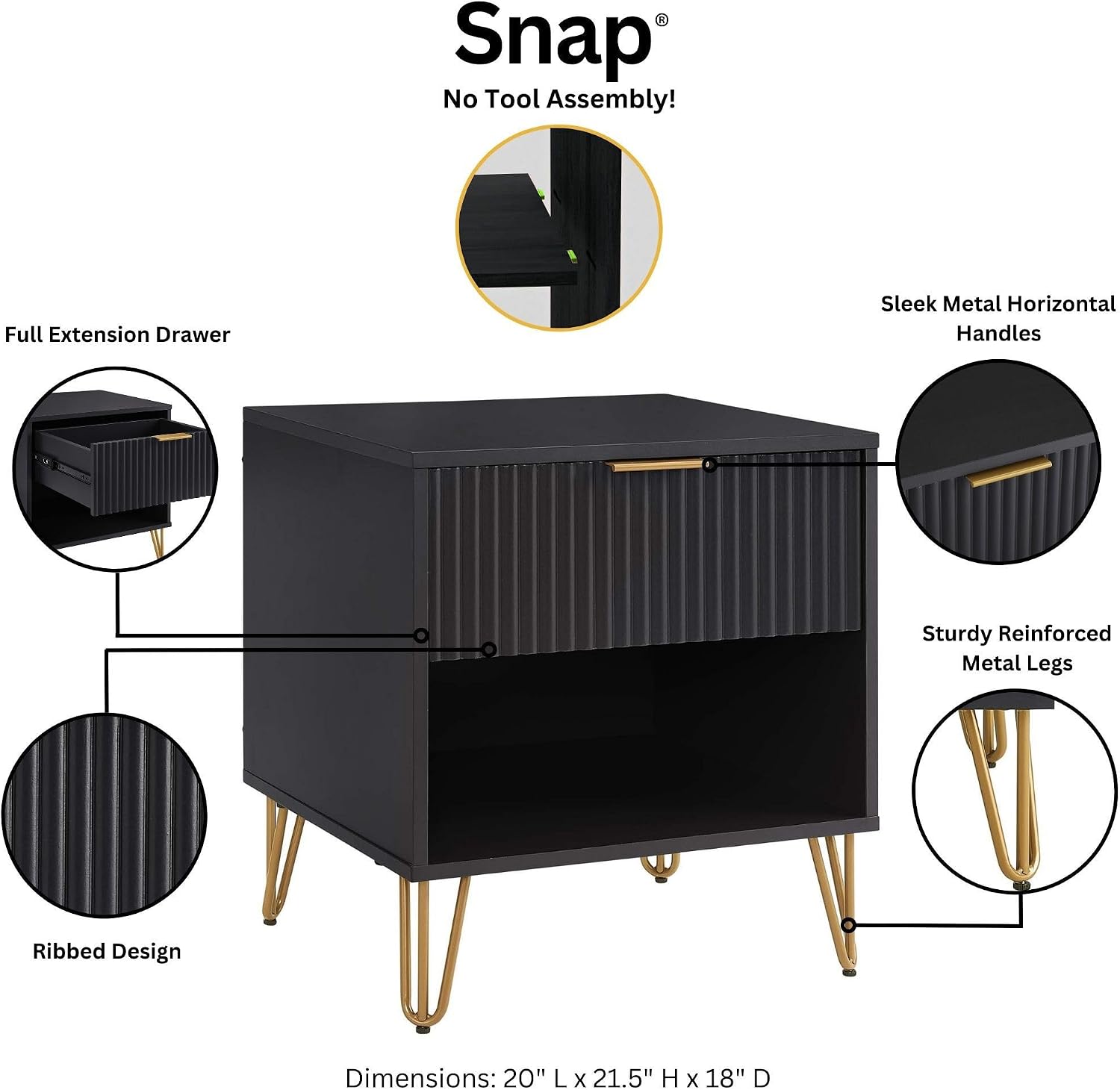 Manhattan Comfort Dumbo 2 Piece Modern Set, 3 Drawer Dresser & 1 Drawer Nightstand with Fluted Ribbed Front, Gold Metal Legs, No Tool Assembly, Storage Cabinet for Bedroom or Living Room in Black