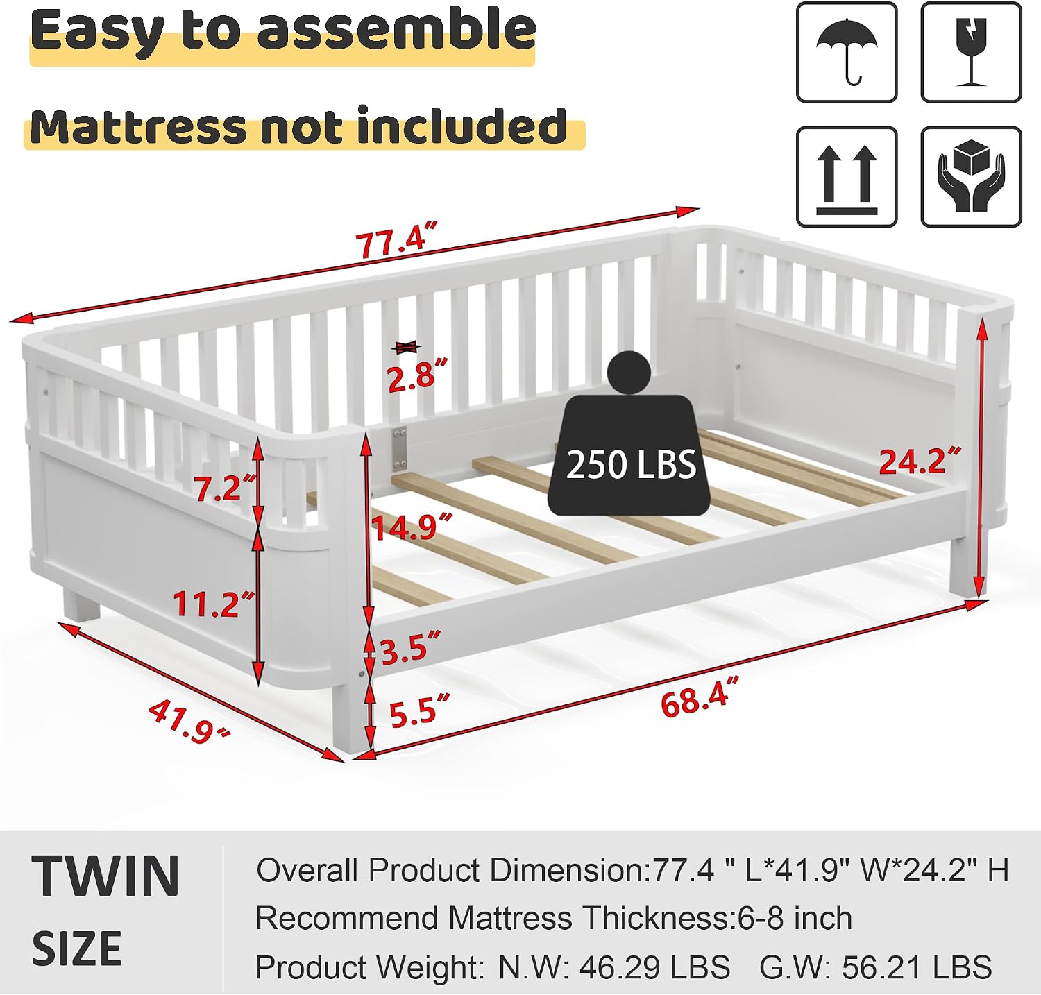 Twin Size Kids Bed with Rails, Wood Twin Montessori Bed Frame with Slats Support, Low to Ground Modern Baby Daybed with Detachable Side Bed Rails for Boys Girls Bedroom, White