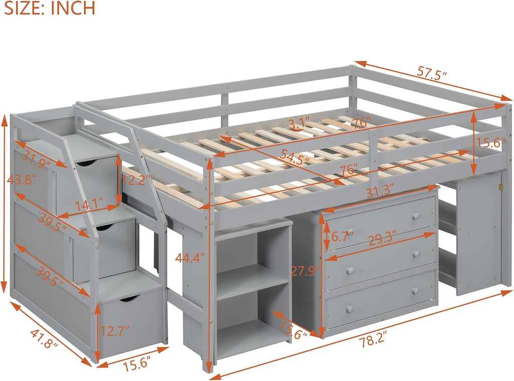 Full Size Loft Bed with Retractable Writing Desk, Wooden Loft Bed with 3 Drawers and Shelves, Storage Stairs, Versatility Low Loft Bed Storage Bed for Kids Boys Girls Bedroom (Gray,Storage Stairs)
