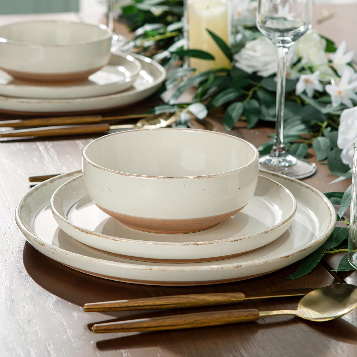 AmorArc 24 Pieces Ceramic Dinnerware Sets for 8, Handpainted Stoneware Plates and Bowls Set with Rustic Terracotta Underside, Scratch Resistant Dishes Set, Dishwasher & Microwave Safe