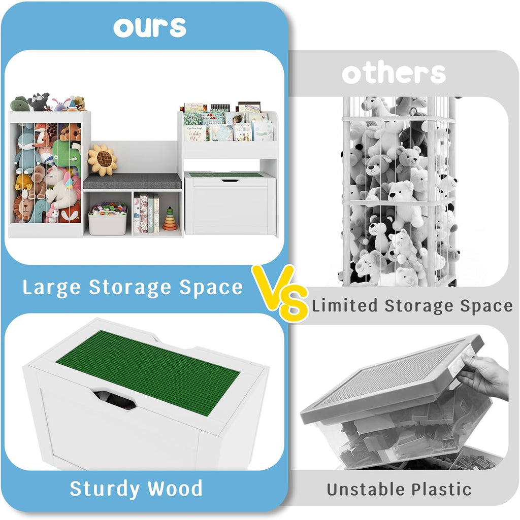 68.9' W Kids Reading Nook, Toy Storage Box with Removable Building Baseplate Play Lid for Lego, Wooden Bookshelf with Stuffed Animal Storage, Bench and Removable Cushions for Playroom(White)