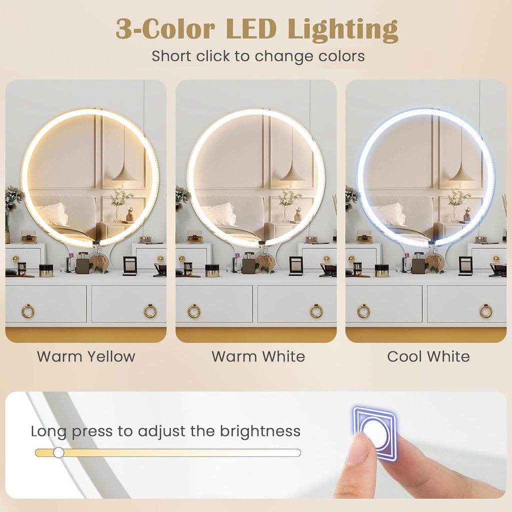 CHARMAID Vanity Desk with Mirror and Lights, White Makeup Vanity Desk with 4 Drawers, 3 Color Lighting Modes, Adjustable Brightness, Modern Dressing Table with Vanity Stool for Girls Small Bedroom