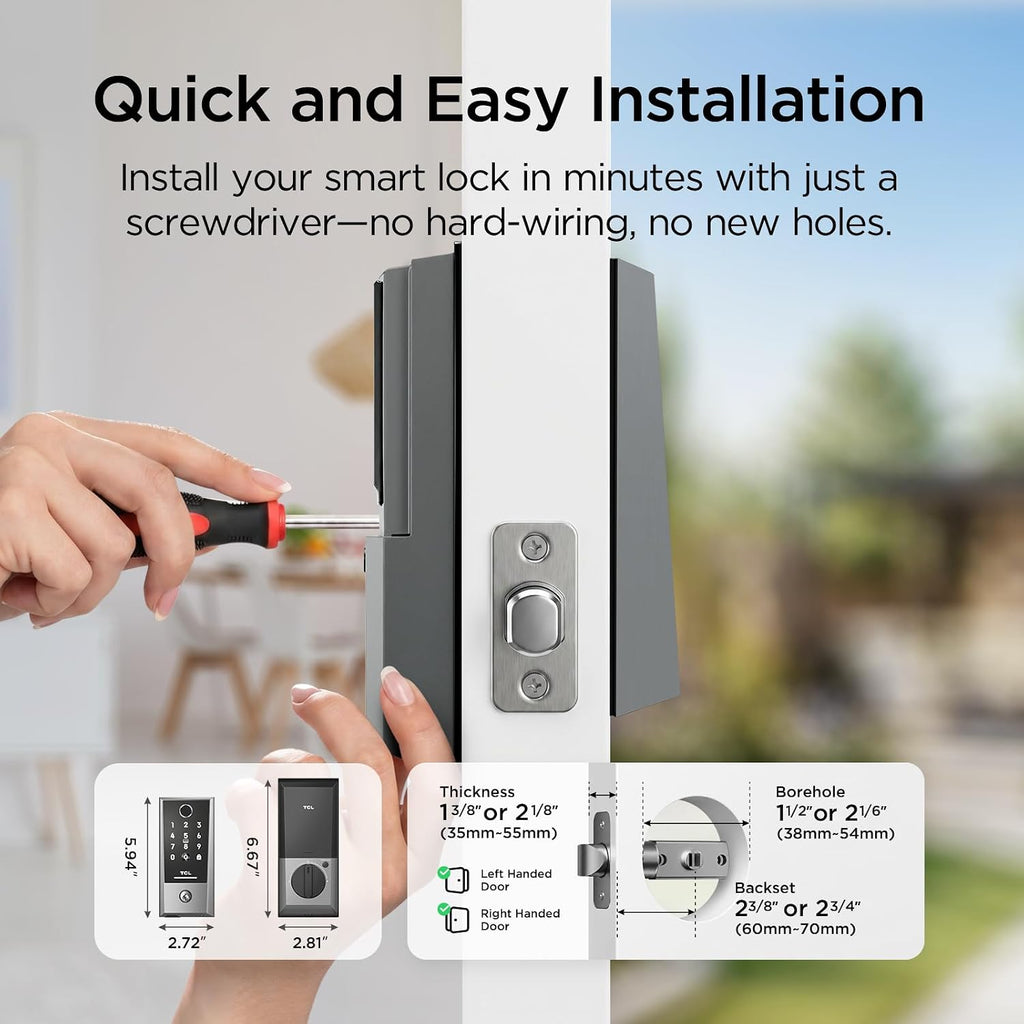 TCL Smart Deadbolt Lock, Fingerprint Keyless Entry Door Lock with Touchscreen Keypad, App Control, 8-Month Battery, WiFi Enabled, Front Door Locks Compatible with Alexa & Google Home, D2 Plus