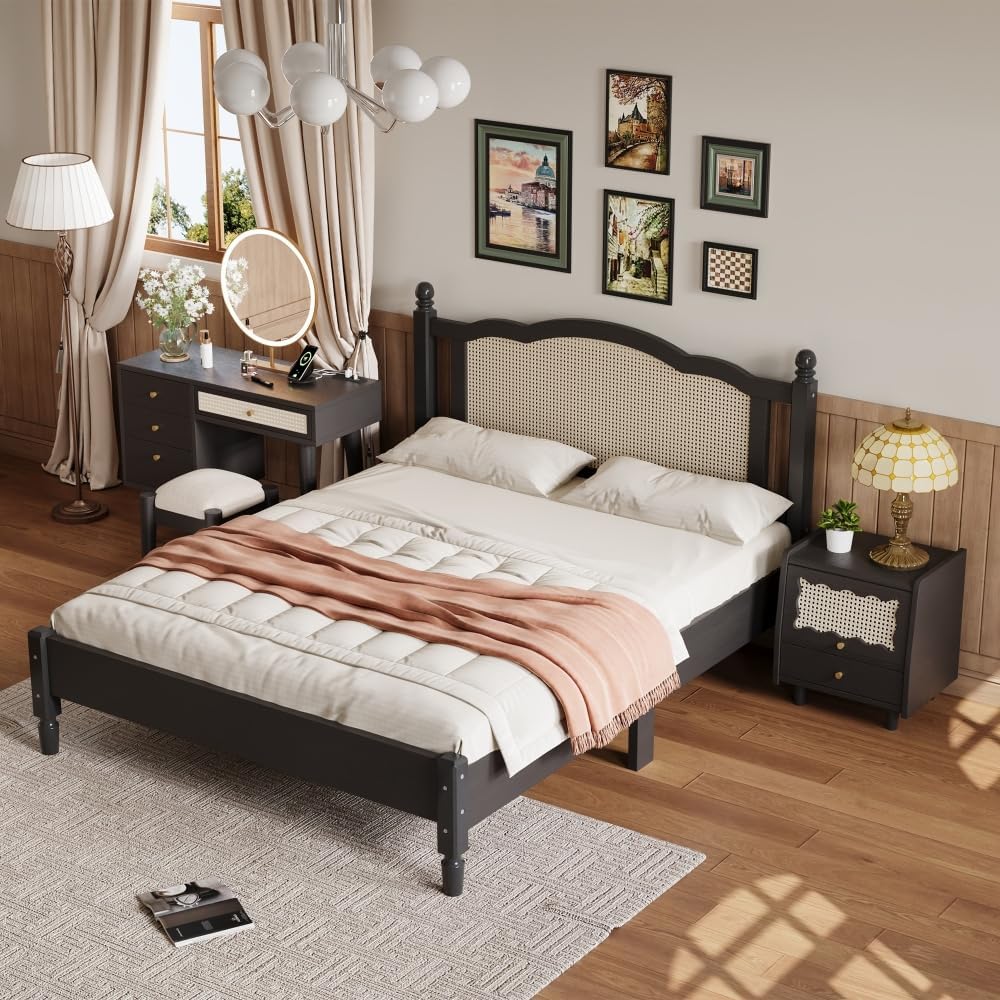 3 Pieces Bedroom Set with Full Size Wooden Bed Frame, 1 Vintage Nightstand and 1 Makeup Vanity Set with Stool,Black (Black + Wood + Queen + 3 Piece Set)