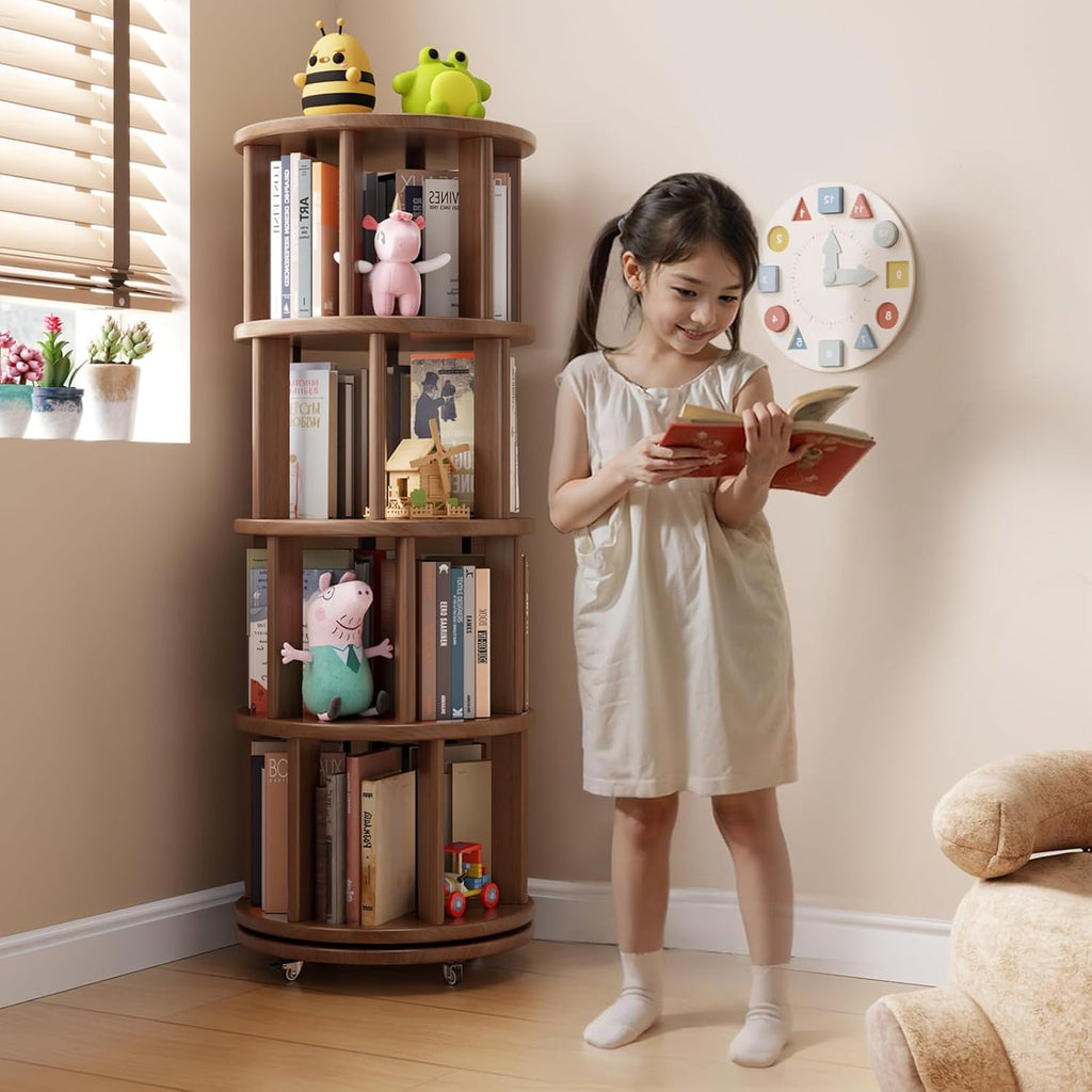 Muwuele Solid Wood Rotating Bookshelf on Wheels, 4 Tier, Round Revolving Bookcase, 360° Spinning Book Shelf Tower for Kids, Narrow Rolling Bookshelves for Small Space, Corner, Bedroom, Office, Walnut