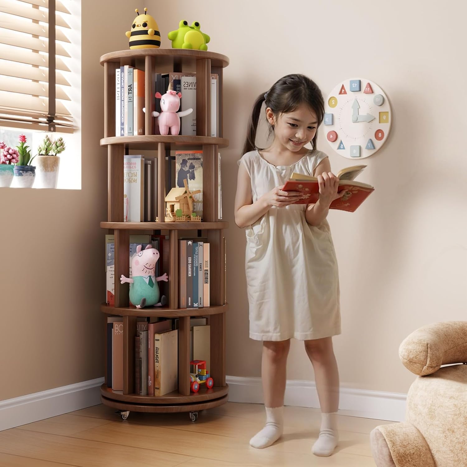 Muwuele Solid Wood Rotating Bookshelf on Wheels, 4 Tier, Round Revolving Bookcase, 360° Spinning Book Shelf Tower for Kids, Narrow Rolling Bookshelves for Small Space, Corner, Bedroom, Office, Walnut