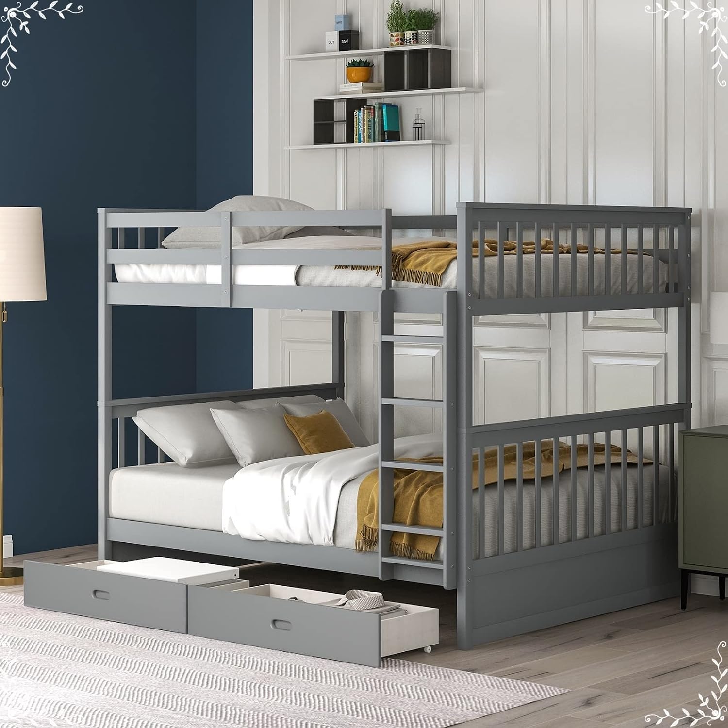 Bed Frames for Kids, Grey Bedding Set Full Over Full with 2 Drawers Ladder and Rail Guard Solid Wood Slats Bunk Bed for Boys and Girls Bedroom