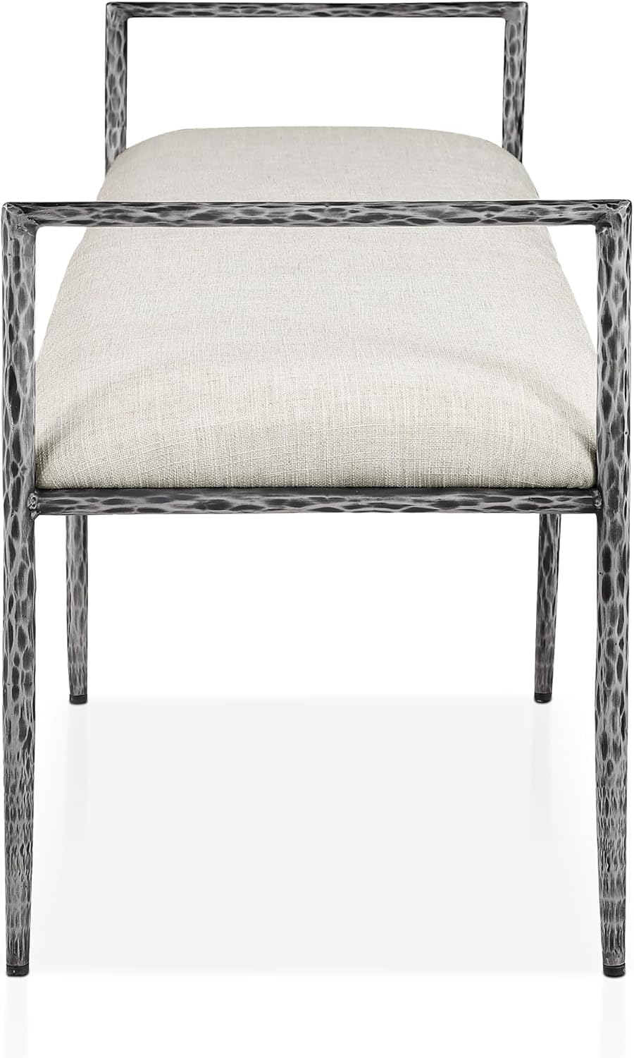 24/7 Shop at Home Lalia Hammered Metal 3-Piece Bedroom Collection, Upholstered Bed Frame with Beige Fabric Headboard, Forged Steel, Bench and 1-Shelf Nightstand, Foundation Required, Full, Matte Grey