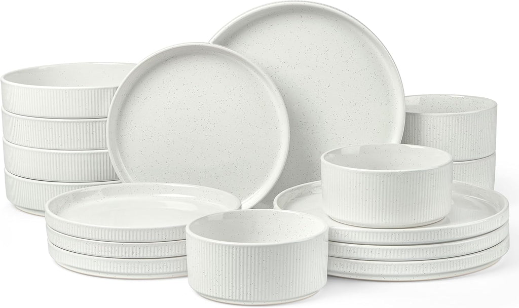 LIANYU 24 Piece Dinnerware Sets with Double Bowls, Ceramic Plates and Bowls Set for 4, Ribbed Stoneware Dishes for Home Kitchen, Microwave and Dishwasher Safe, Speckled White