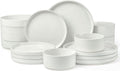 LIANYU 24 Piece Dinnerware Sets with Double Bowls, Ceramic Plates and Bowls Set for 4, Ribbed Stoneware Dishes for Home Kitchen, Microwave and Dishwasher Safe, Speckled White