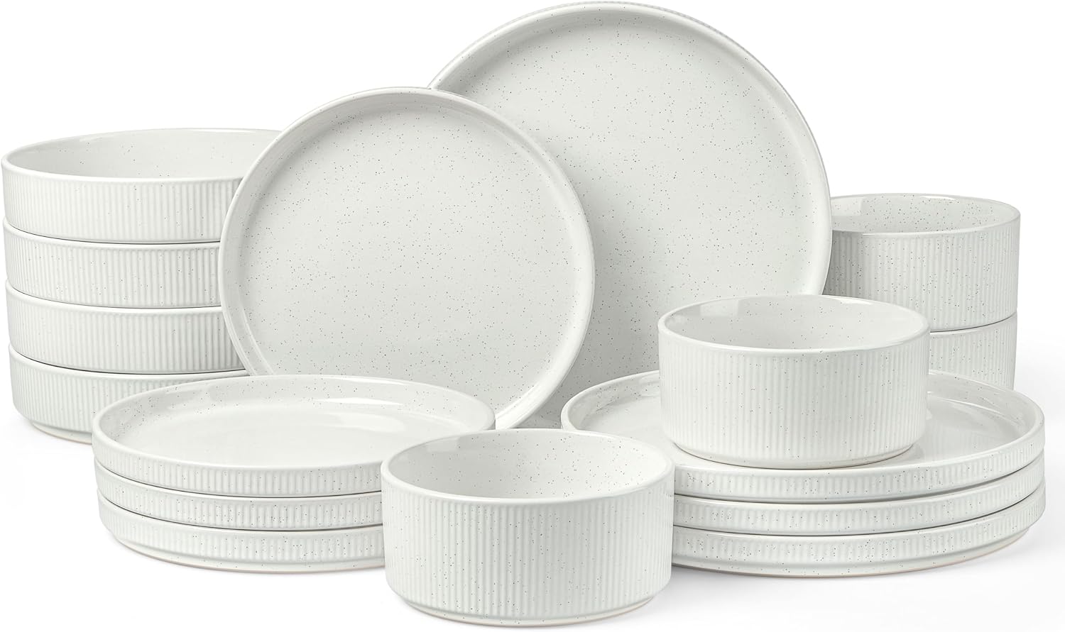 LIANYU 24 Piece Dinnerware Sets with Double Bowls, Ceramic Plates and Bowls Set for 4, Ribbed Stoneware Dishes for Home Kitchen, Microwave and Dishwasher Safe, Speckled White