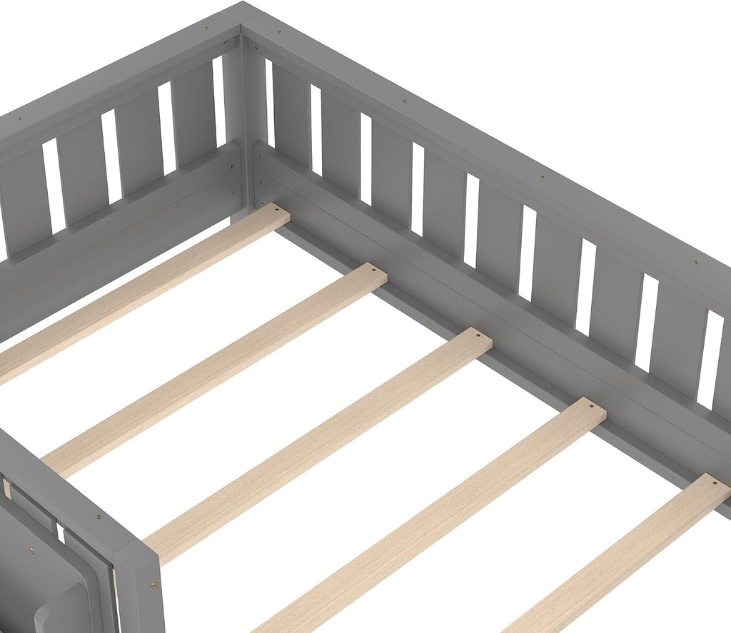Bellemave Gray Montessori Floor Bed with Fence and Slats, Twin Size Montessori Floor Bed with Bookcase and High Rails, Easy Assemble Bed Frame for Girls, Boys, Twin