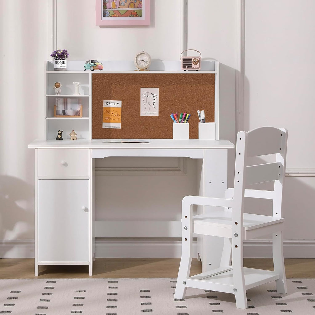 Garvee Kids Desk, Study Desk and Chair Set for Boys and Girl, Wooden Kids Writing Table with Bookshelf, Bulletin Board, Cabinet and Drawer for Ages 3-8, White