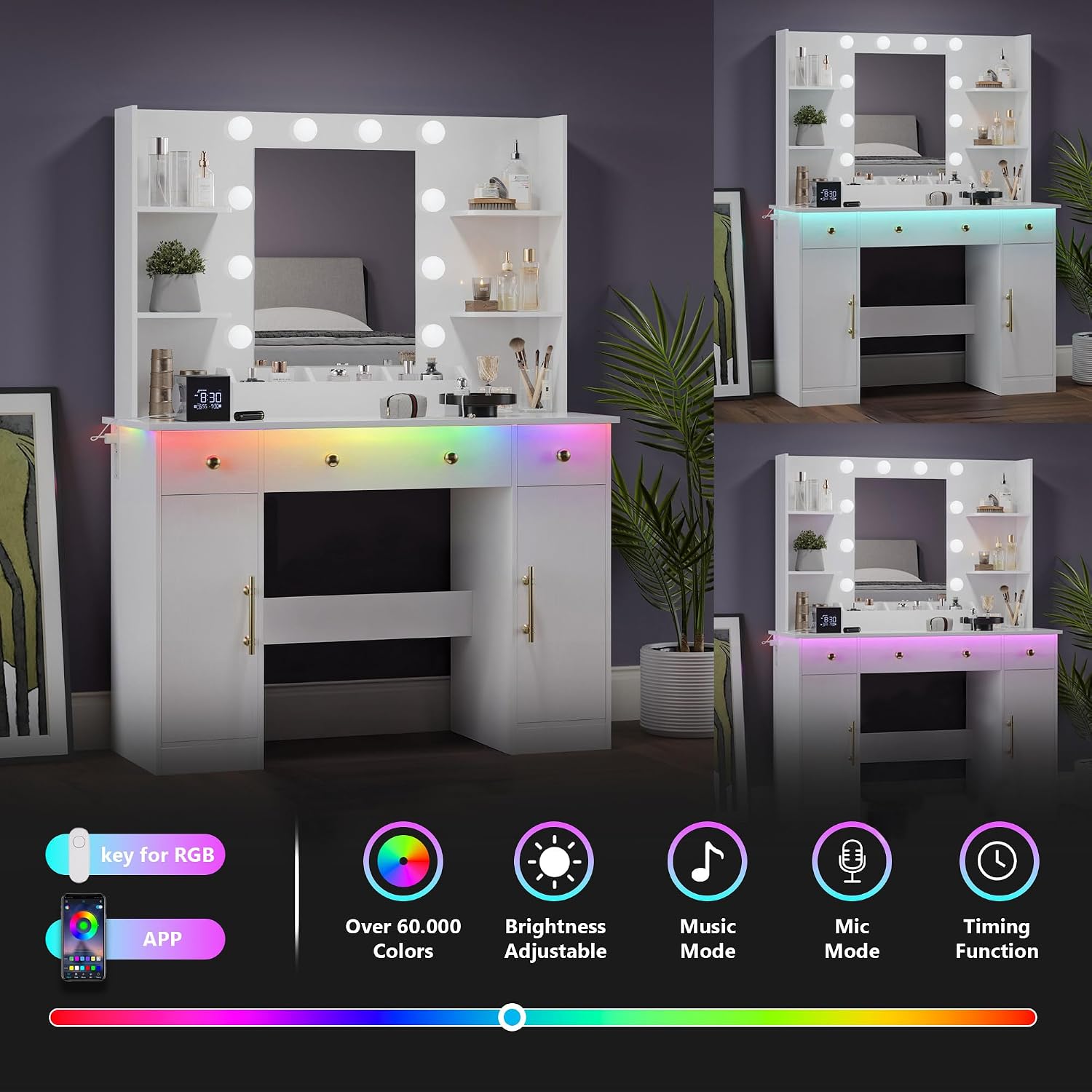 Wodeer Makeup Vanity Desk with Mirror and Lights, 43' White Vanity Set with 3 Drawers, Power Outlet & Adjustable RGB LED Lights, Dressing Table with Storage Shelf for Women & Girls Bedroom
