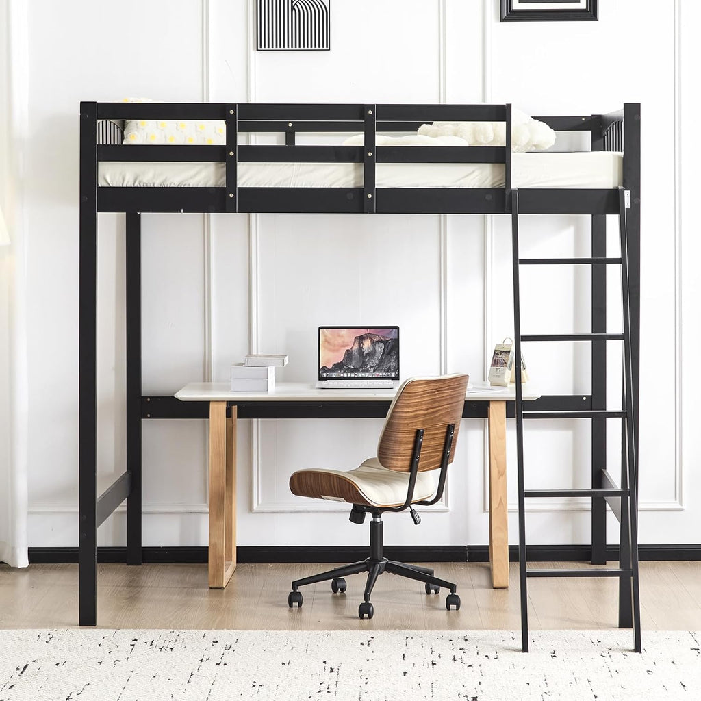 VINGLI Loft Bed Full Size with 15 inches Guardrail/USB Charging Station/LED, Solid Wood Double High Sleeper with Flat Rungs for Kids/Teens/Adults,No Box Spring Needed, Black