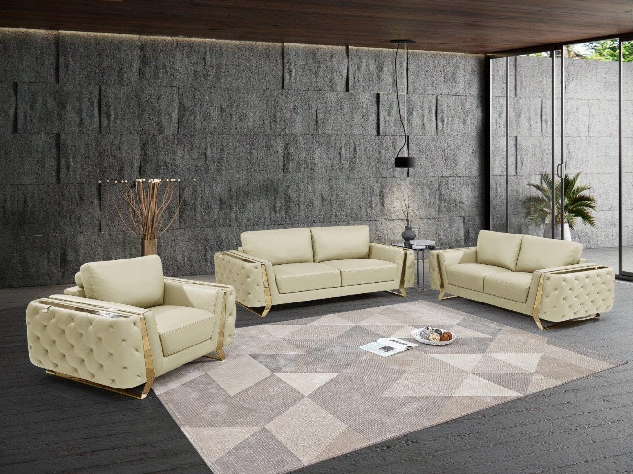 Blackjack Furniture Reggio Collection Full Grain Italian Leather Sofas for Living Room with Brazilian Wood Frame and Stainless Steel Legs, 3-Piece Set, Sofa, Loveseat, and Chair, Beige
