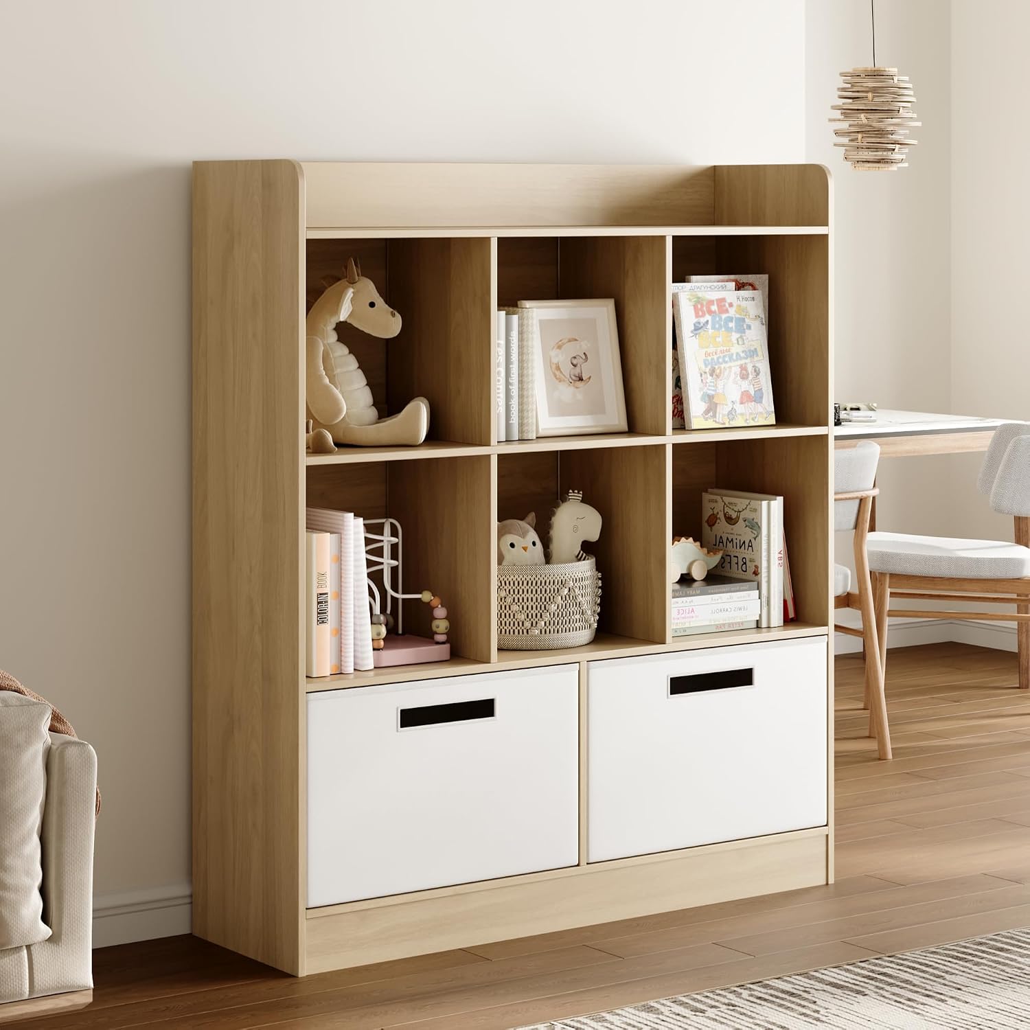 Housoul Kid Bookshelf with 2 Fabric Drawers, Toy Storage Organizer, Natural | 8 Cubes Freestanding Book Shelves, 3-Tier Open Shelf Bookcase, Kids Bookcase Cubby Storage Organizer for Living Room, Office