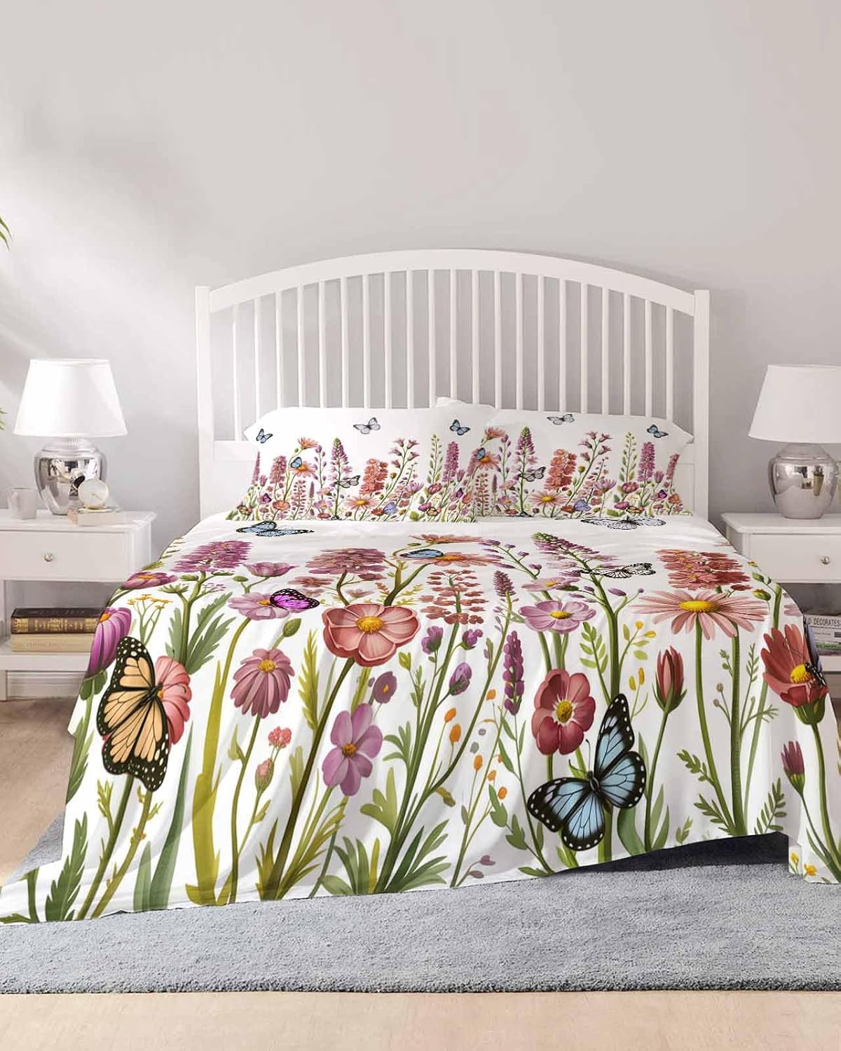 Spring Floral Cal King Sheet Set 4 Piece Bedding - Watercolor Lavender Daisy Butterflies Botanical Breathable Comfy Cooling Bed Sheets & Pillowcase Sets, Hotel Flat Sheets Deep Pockets Fitted Sheet