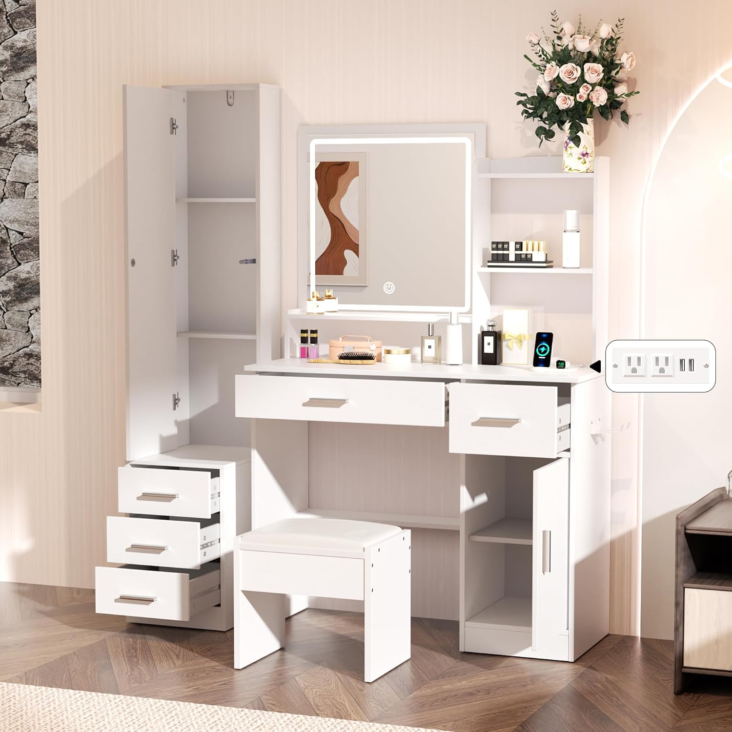 INTERGREAT Makeup Vanity with Lights and Mirror, White Vanity Desk, Dressing Table with Large Drawers, 3 Lighting Modes, Full Length Mirror, Bedroom
