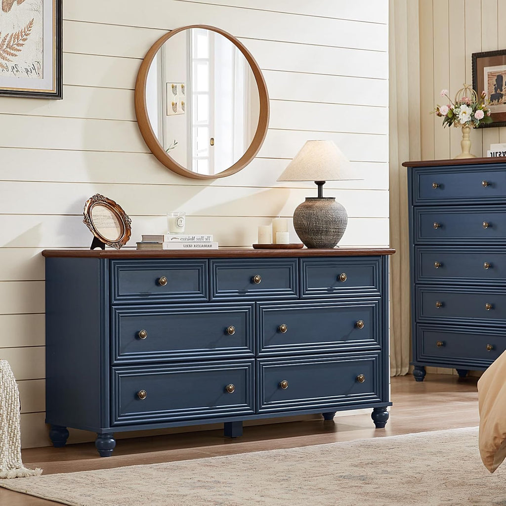 Farmhouse Dressers & Night Stand Set of 4, Wood 54' Wide 7 Drawer Dresser & 45' Tall Chest of Drawers, 18' Roman Column Nightstand Set of 2, Bedroom Furniture Dresser Sets for Home Living Room Hallway