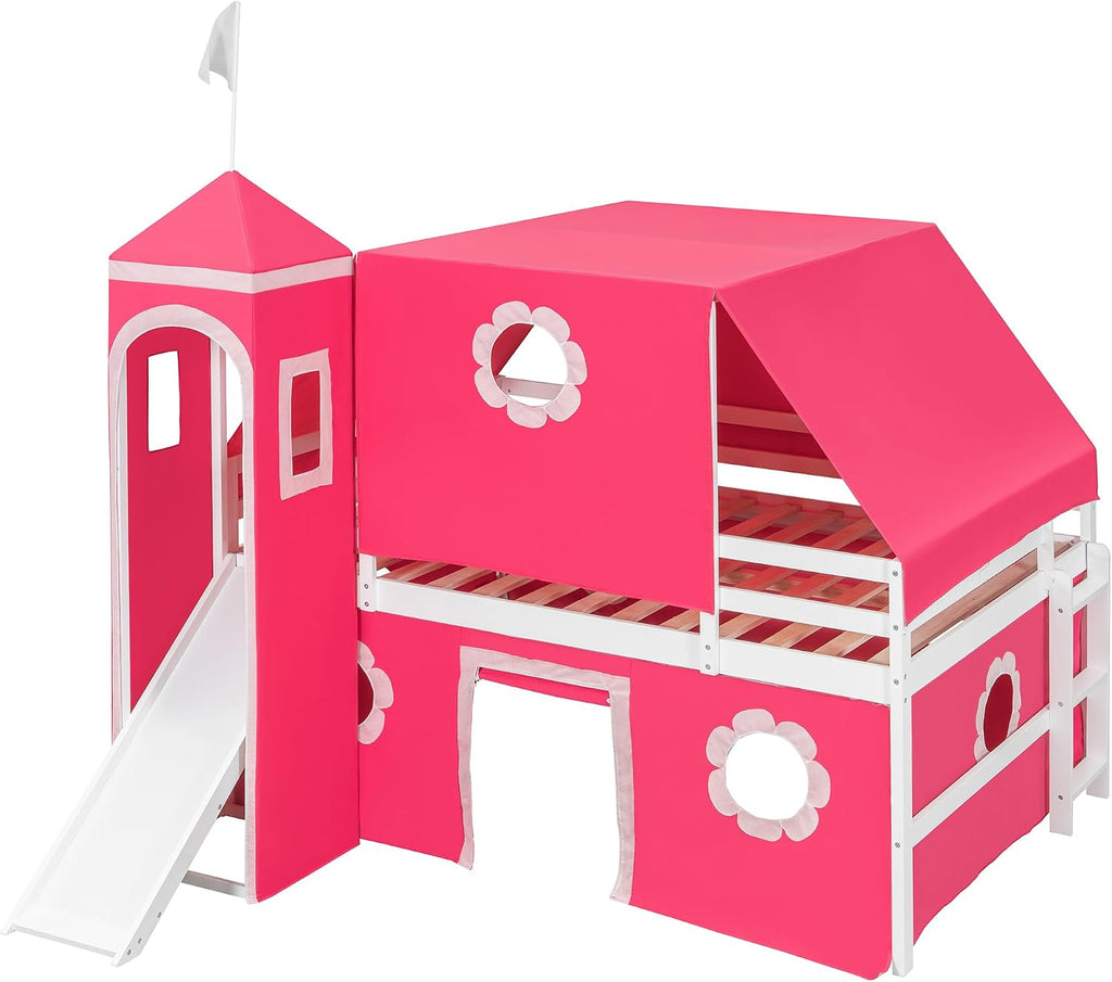 Pink Loft Bed with Slide and Play Tent Full Size Castle Themed Kids Bed with Tower Playhouse Design for Girls Bedroom Furniture