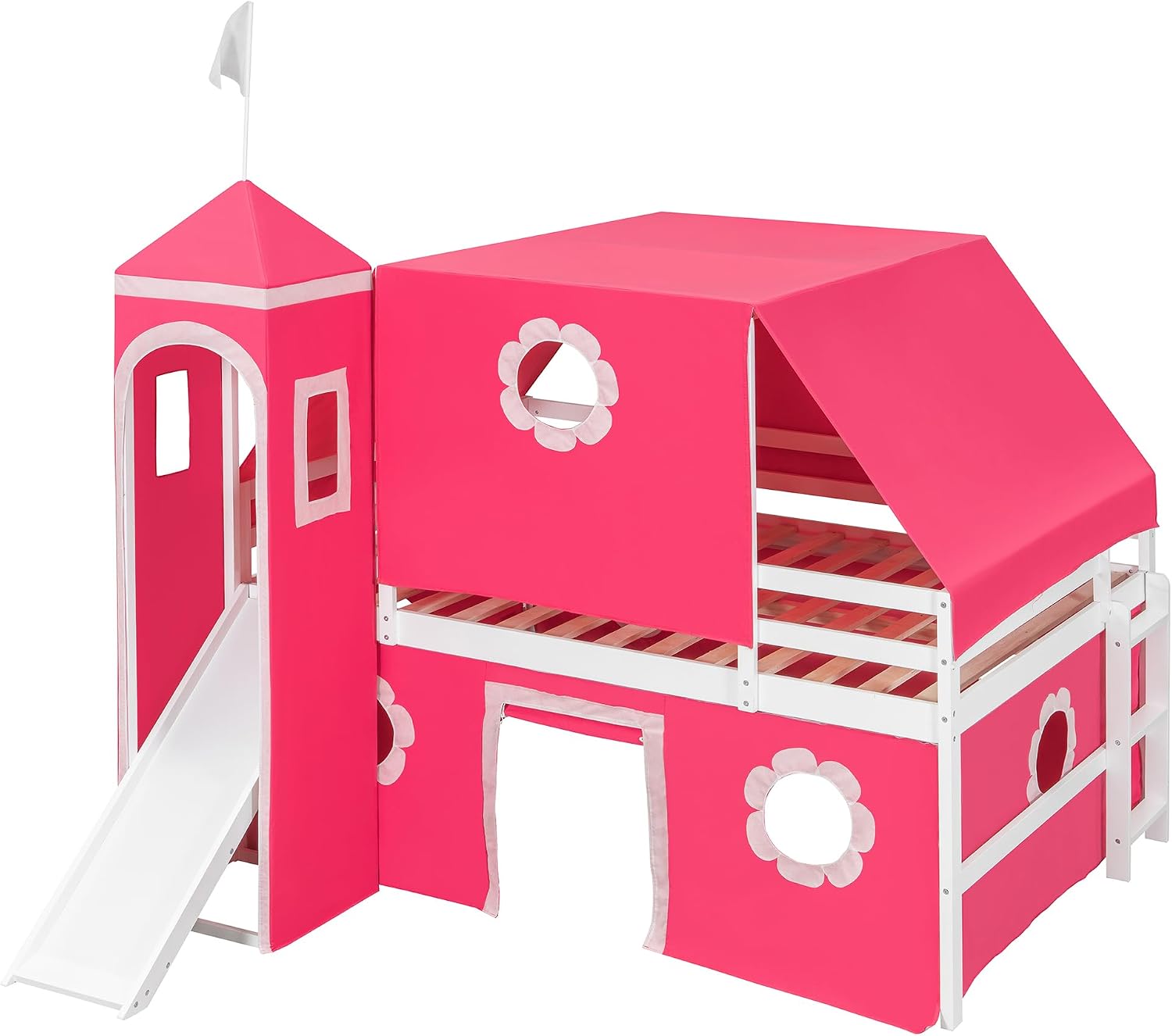 Pink Loft Bed with Slide and Play Tent Full Size Castle Themed Kids Bed with Tower Playhouse Design for Girls Bedroom Furniture