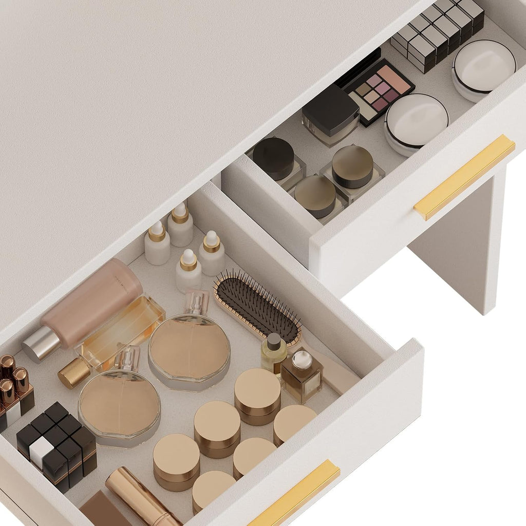 Vanity Desk with Vertical Mirror, White Makeup Table with 2 Drawers Shelves Full-Length Dressing Table Modern Set for Bedroom Dorm Apartment Ideal for Women Girls Teens