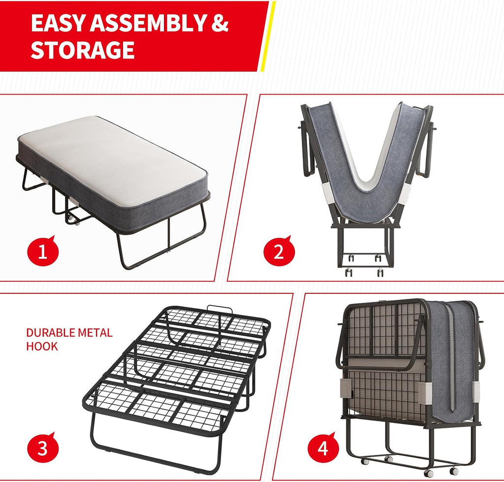 PUREMIND 75' x 38' Folding Bed with 4 Inches Mattress, Portable Rollaway Guest Beds for Adults with Metal Frame & Swivel Wheels, Twin Size Foldable Bed Fold Away Beds Space Saving
