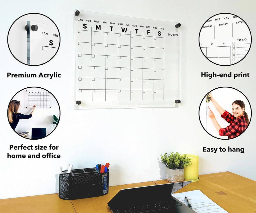 Acrylic Wall Premium Calendar with Black Hardware - Monthly and Weekly Board Family Planner - Dry Erase Family Calendar - Marker (40x28'' (XLarge) - Black Standoff)