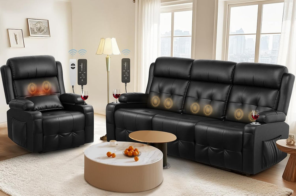 Recliner Sofa, Massage Reclining Sofa 3 Seater Sets Heavy Weight Capacity, 1 Single Power Heat & Massageable Chair with Storage, Cup Holders, Wall Hugger Couches for Living Room & RV Campers