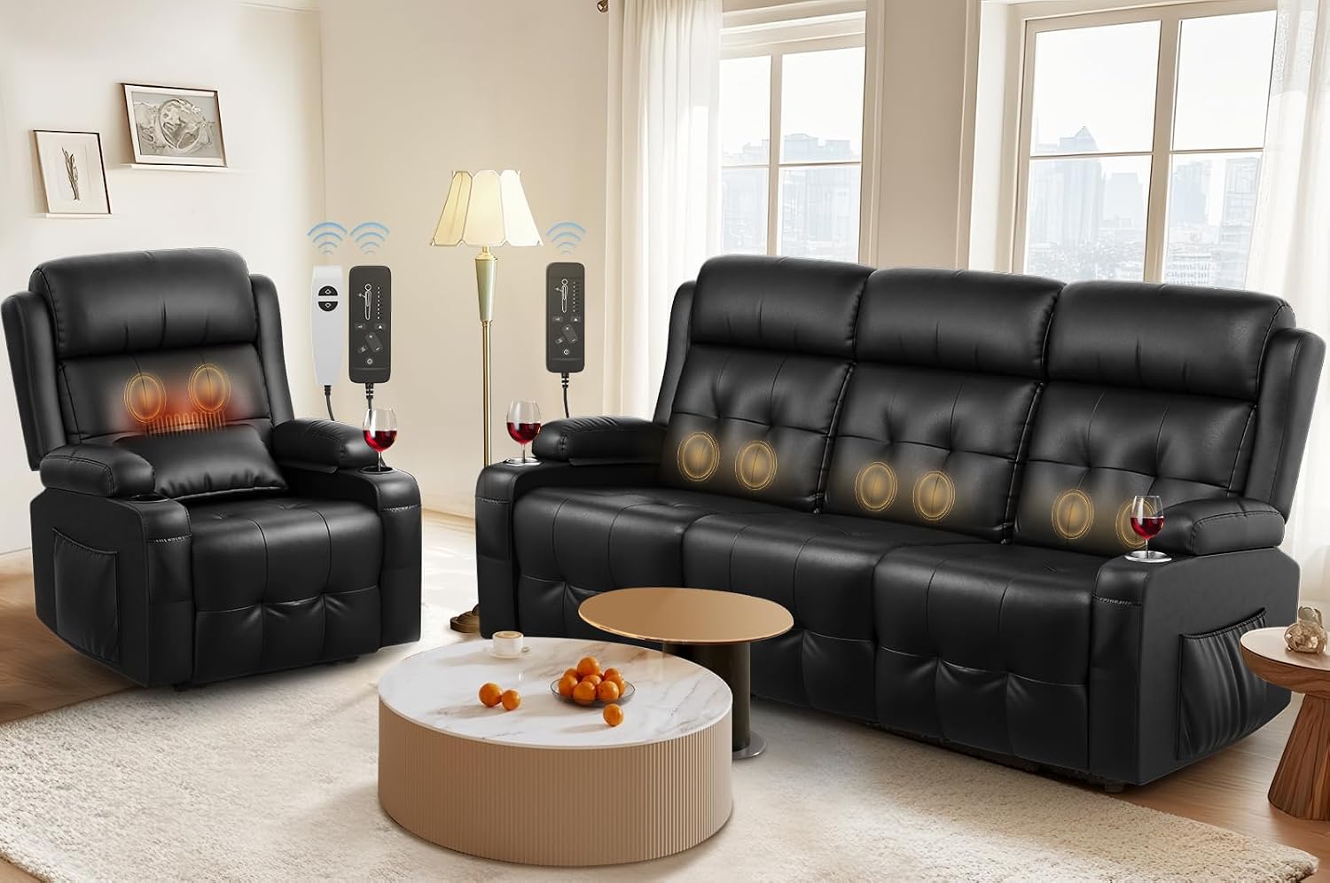 Recliner Sofa, Massage Reclining Sofa 3 Seater Sets Heavy Weight Capacity, 1 Single Power Heat & Massageable Chair with Storage, Cup Holders, Wall Hugger Couches for Living Room & RV Campers