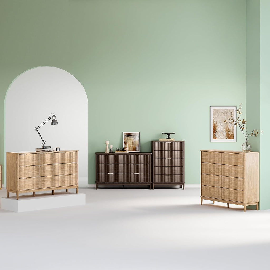 LINSY Fluted 8 Drawer Dresser for Bedroom, 47' Wide Mid-Century Modern Tall Chest of Drawers, Curved Corner Design, Storage Dressers with Deep Drawers, Large Accent Wood Cabinet for Bedroom, Oak