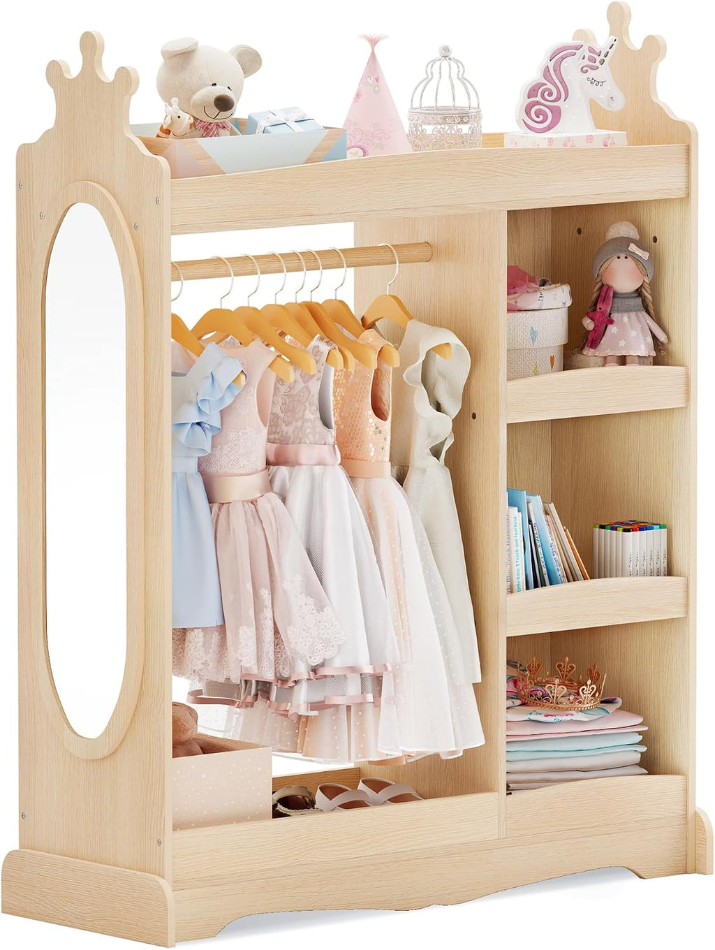 Curipeer Kids Dress up Storage with Mirror, Kids Wardrobe with Storage & 3 Hooks, Kids Closet for Girls Boys, Kids Costume Organizer, Open Hanging Armoire Wardrobe Closet for Bedroom, Natural