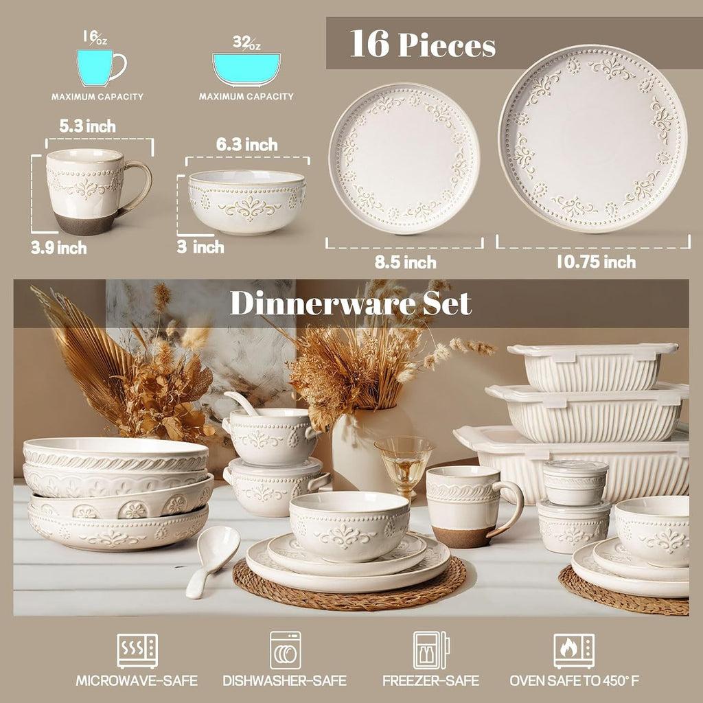 Artena Plates And Bowls Sets, 16 Pieces Dinnerware Sets, Dish Set For 4, Ceramic Kitchen Bowl And Plate Set, Embossed White Dishware Sets, Dishwasher & Microwave Safe (Damask Floral) (With Mugs)