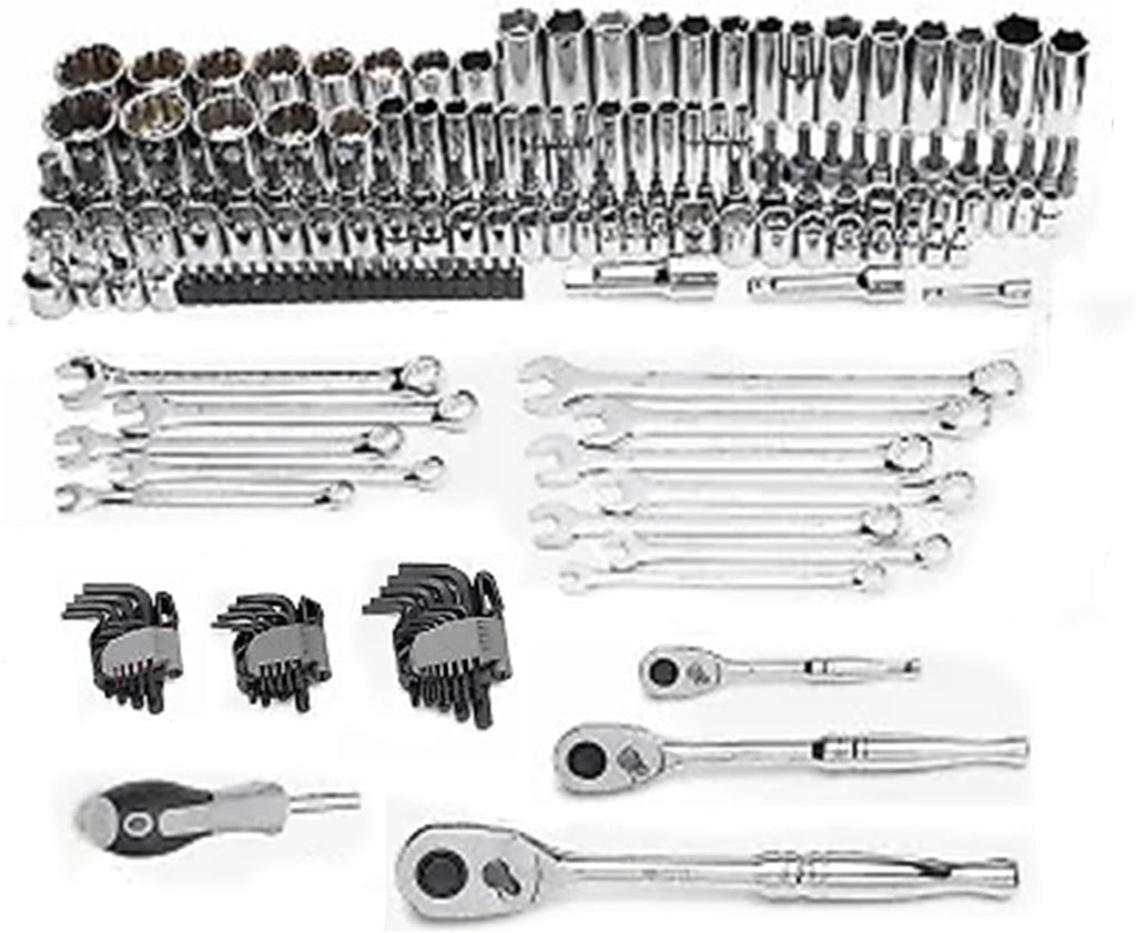 Master Mechanic 180 Piece Mechanics SAE and Metric Socket Tool Kit with 1/4, 3/8, and 1/2 Inch Drive, Assorted Bits, Adapters, Wrenches, and Hex Keys