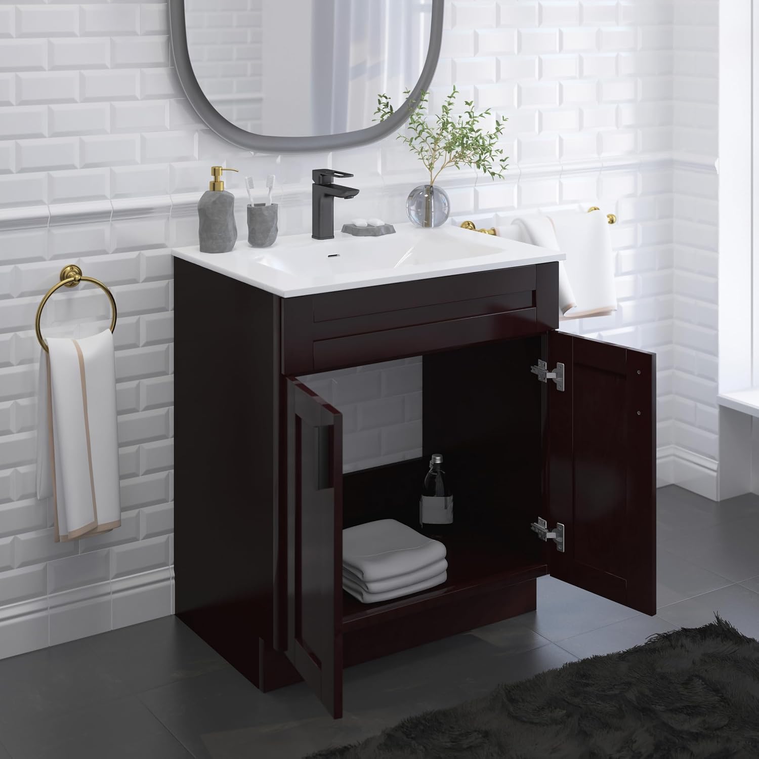 30' Espresso Shaker Bathroom Vanity Base – Ready-to-Assemble Sink Cabinet, Freestanding Bathroom Vanity Base Only, No Top or Sink